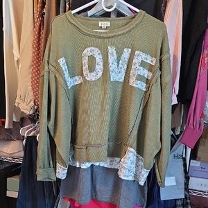 POL Olive Green Sweater with Floral 'LOVE' Design